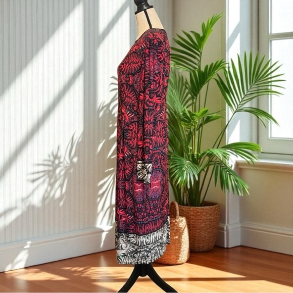 Maggy London Red & Black Printed Long Sleeve Sheath Dress - Size 16 - Picture 2 of 14